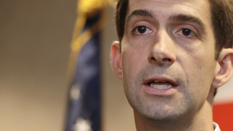 This Aug. 21, 2014, file photo shows Rep. Tom Cotton, R-Ark., as he speaks during a news conference in North Little Rock, Ark.