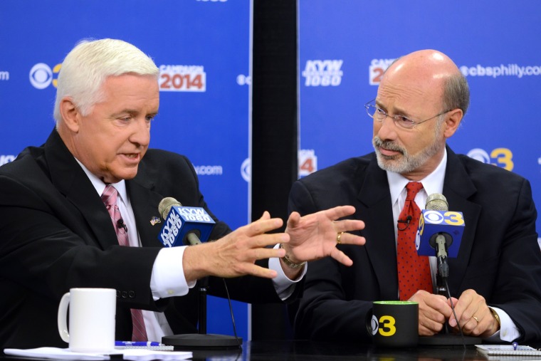 Republican Gov. Tom Corbett, left, and Democratic challenger Tom Wolf take part in a debate at \"Breakfast with the Candidates\" event at KYW-TV and KYW-AM  on...