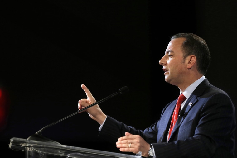 Chairman of the Republican National Committee Reince Priebus addresses an audience on July 31, 2014, in Boston.