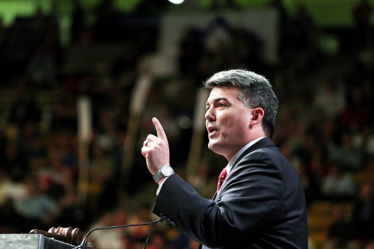 In this April 12, 2014 file photo, Rep. Cory Gardner delivers a speech to Republican delegates at the state GOP Congress, in Boulder, Colo. (Photo by Brennan Linsley/AP)