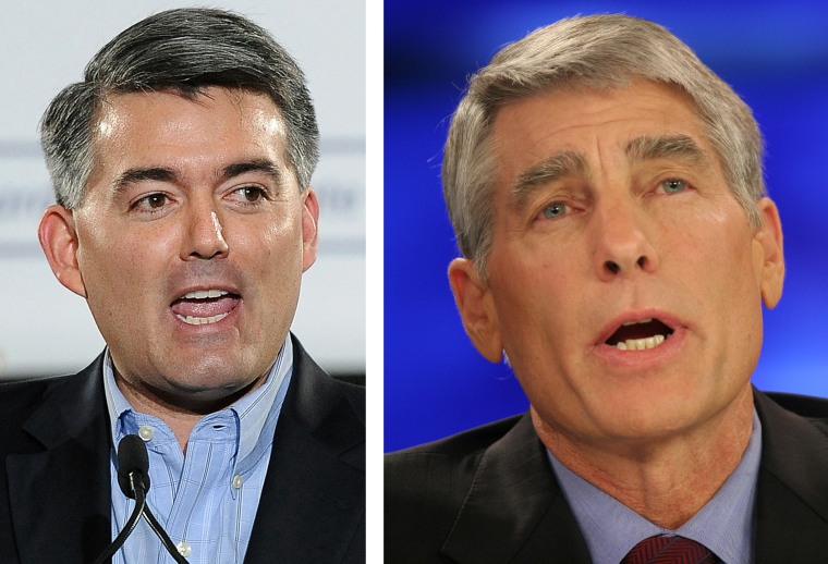 This combo of file photos shows Rep. Cory Gardner, R-Colo., speaks during an event in Denver in a March 1, 2014 file photo, left, and then Colorado...