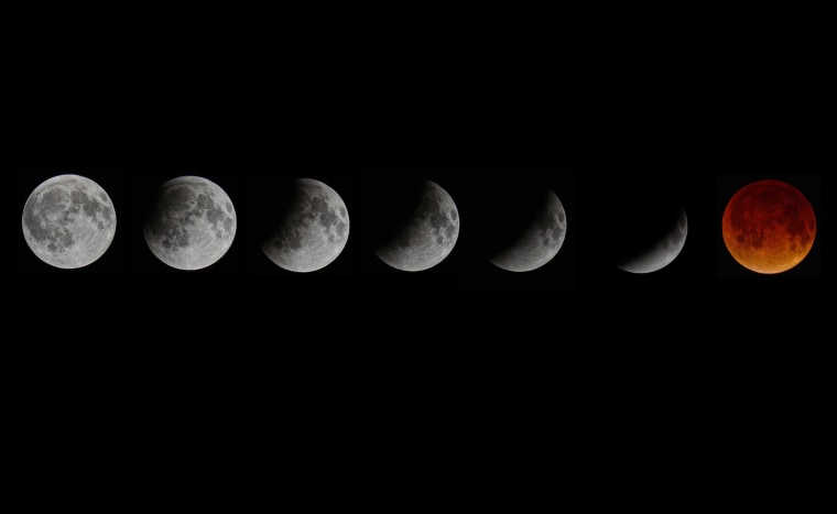 A composite picture shows the blood moon total lunar eclipse in seven stages as seen from Miami, Florida, April 15, 2014.
