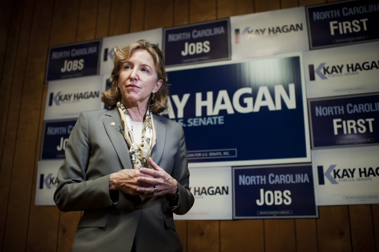 Sen. Kay Hagan, D-N.C., speaks with reporters during an event with volunteers and supporters at a campaign office in Statesville, N.C., September 24, 2014.