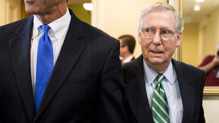 Mitch McConnell, R-Ky., arrives for the Senate Republicans' news conference to mark sixth anniversary of the original application to construct the Keystone XL pipeline project on Thursday, Sept. 18, 2014.