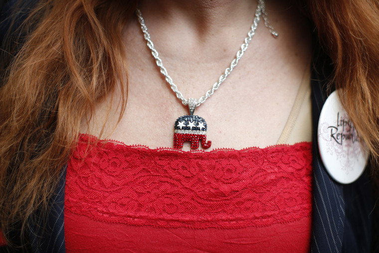 An attendee wears a GOP elephant necklace during the California Republican Party Spring Convention in Burlingame, California, March 16, 2014.