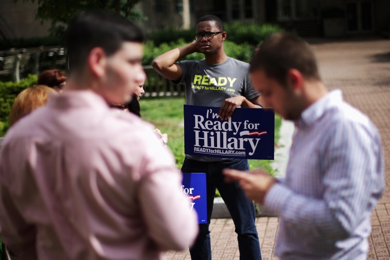 Volunteers for the Ready for Hillary Clinton for President 2016 Super PAC canvas people on the campus of George Washington University June 13, 2014.