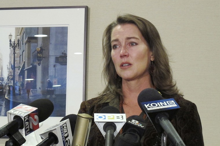 Cylvia Hayes, fiancee of Oregon Gov. John Kitzhaber, speaks at a news conference in Portland, Ore. on Oct. 9, 2014. (Photo by Gosia Wozniacka/AP)