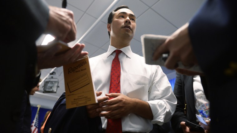 Rep. Joaquin Castro, D-Texas, talks with reporter after an event. (Photo By Tom Williams/CQ Roll Call/Getty)