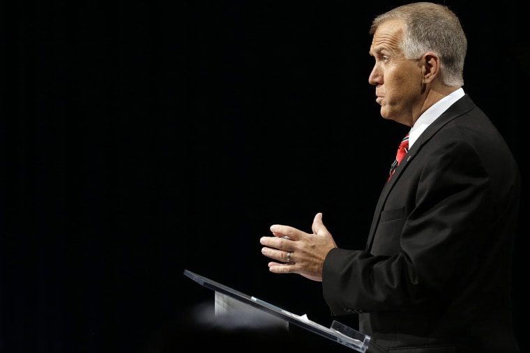 North Carolina Republican Senate candidate Thom Tillis speaks during a debate with Sen. Kay Hagan, D-N.C. at UNC-TV studios in Research Triangle Park, N.C. on Oct. 7, 2014. (Photo by Gerry Broome/Pool/AP)