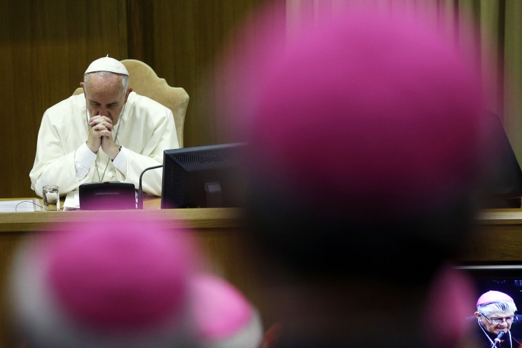 Pope Francis attends a morning session of a two-week synod on family issues at the Vatican, Oct. 13, 2014. (Photo by Gregorio Borgia/AP)