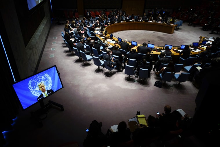 United Nations Ebola mission chief Anthony Banbury, on screen, speaks to members of the United Nations Security Council during a meeting on the Ebola crisis on Oct. 14, 2014 in New York, NY.