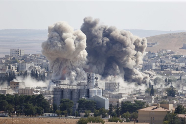 Smoke rises after an U.S.-led air strike in the Syrian town of Kobani on Oct. 8, 2014.