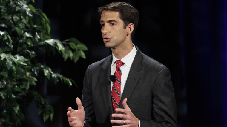 U.S. Rep. Tom Cotton speaks during a televised debate at the University of Arkansas in Fayetteville, Ark. on Oct. 14, 2014.