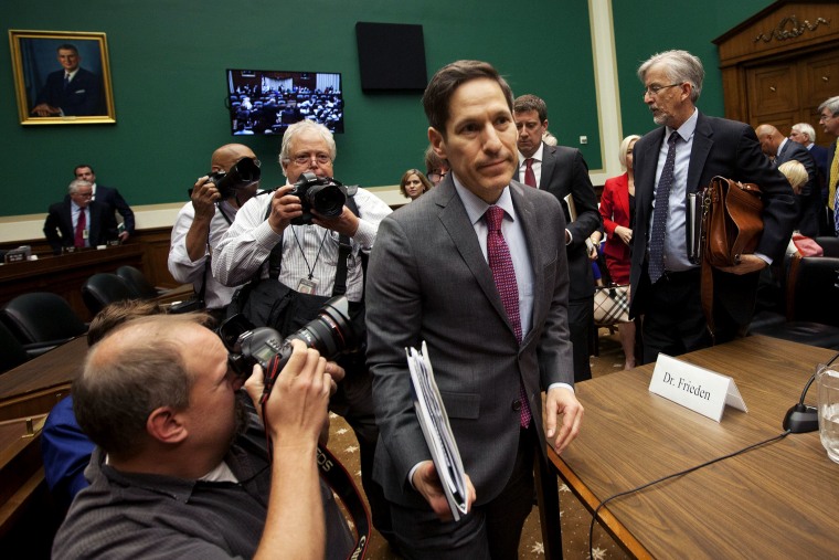 CDC Director Dr. Tom Frieden leaves his seat after testifying on Capitol Hill in Washington on Oct. 16, 2014.