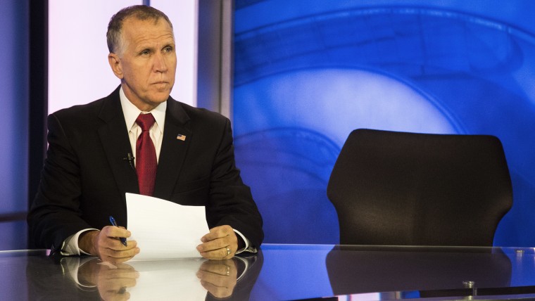 State Speaker of the House, Thom Tillis, prepares to answer questions during a live televised roundtable Tuesday, Oct. 21, 2014 at Time Warner Cable News studios in Raleigh, N.C.