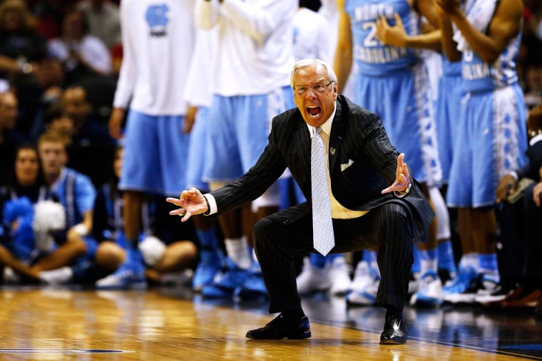 Head coach Roy Williams of the North Carolina Tar Heels reacts during the third round of the 2014 NCAA Men's Basketball Tournament on March 23, 2014 in San Antonio, Texas.