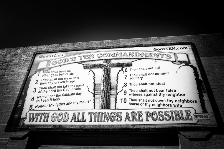 A sign showing \"God's Ten Commandments' in downtown Las Vegas.