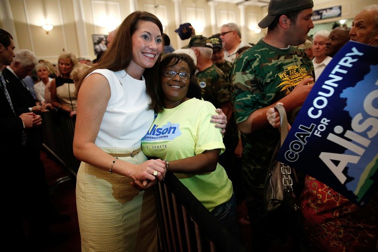 U.S. Senate Democratic candidate and Kentucky Secretary of State Alison Lundergan Grimes greets supporters following an event on Aug. 6, 2014 in Hazard, Ky.