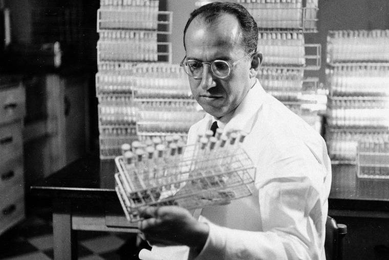 Dr. Jonas Salk, developer of the polio vaccine, is shown in his lab in Pittsburgh, Pa., Oct. 7, 1954. (Photo by AP)