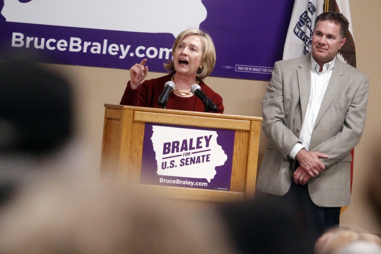 Former Secretary of State Hillary Rodham Clinton speaks at an event to support Rep. Bruce Braley in his senatorial race, Oct. 29, 2014, in Cedar Rapids, Iowa. (Matthew Holst/AP)