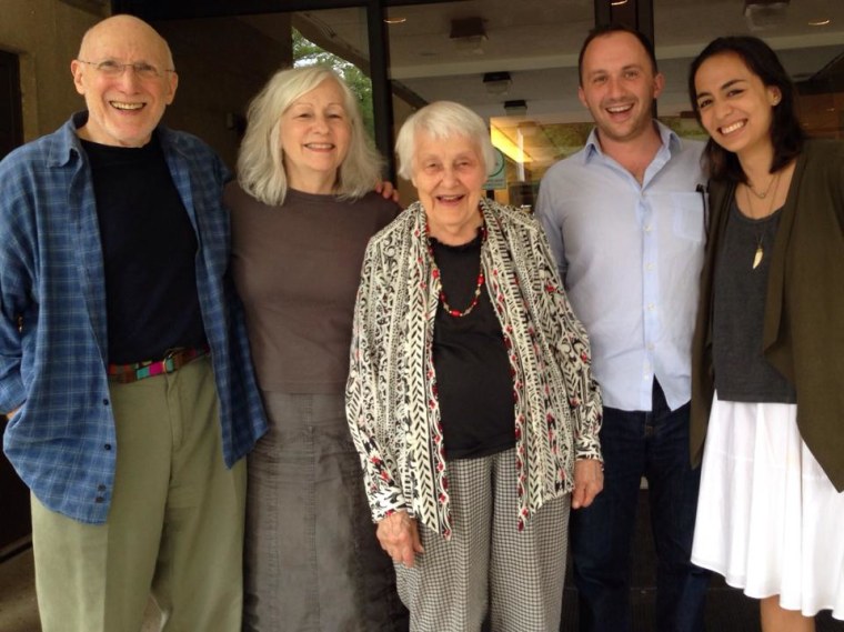 Mary Smiltneek, center, with daughter Catherine Hopper to the left, Catherine's husband Myles, and grandchildren Michael and Regina.