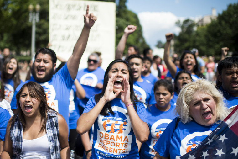 Immigration reform protesters with United We Dream chant in front of the White House, July 28, 2014. Photo by Bill Clark/CQ Roll Call/Getty.