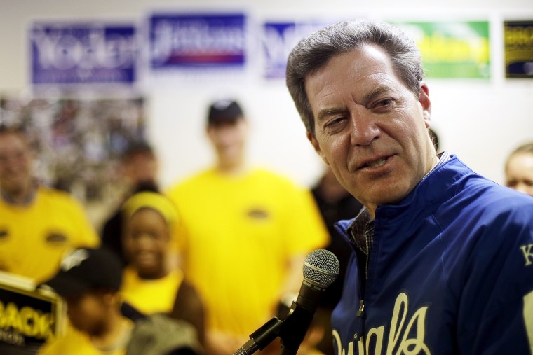 Kansas Republican Gov. Sam Brownback talks to supporters during a campaign event on Nov. 1, 2014, in Topeka, Kan.