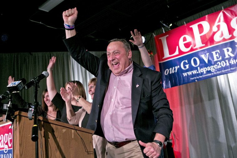 Gov. Paul LePage celebrates his re-election bid at his election night party, Nov. 5, 2014, in Lewiston, Maine. (Photo by Robert F. Bukaty/AP)
