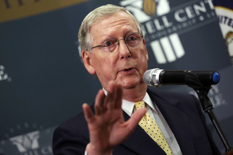 Senate Minority Leader U.S. Sen. Mitch McConnell answers questions during a press conference at the University of Louisville on Nov. 5, 2014 in Louisville, Ky.