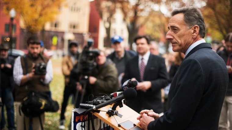 Vermont Gov. Peter Shumlin answers questions at a news conference on Nov. 5, 2014, at City Hall Park, in Burlington, Vt.