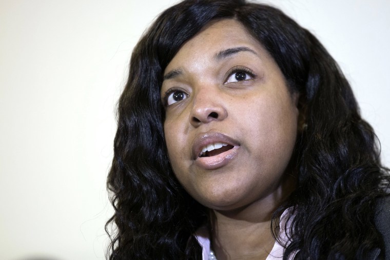 Amber Vinson, 29, the Dallas nurse who was being treated for Ebola, speaks at a news conference after being discharged from Emory University Hospital, on Oct. 28, 2014, in Atlanta.