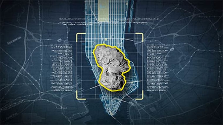 The Churyumov-Gerasimenko comet, superimposed to show scale over a map of New York City.