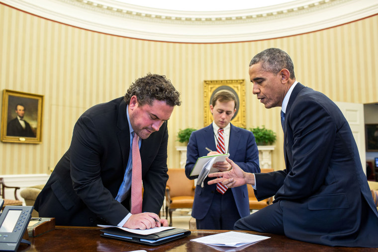 President Barack Obama works on his immigration speech with Director of Speechwriting Cody Keenan and Senior Presidential Speechwriter David Litt in the Oval Office, Nov 19, 2014. (Official White House Photo by Pete Souza)