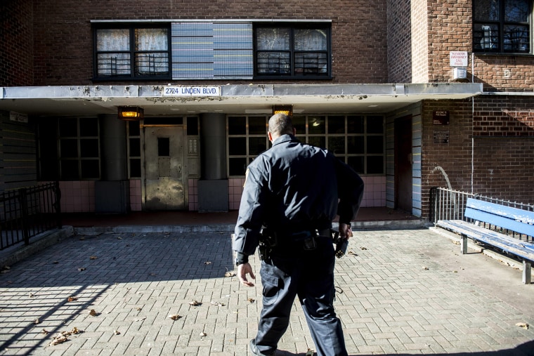 An officer outside the Louis H. Pink Houses, where a man was shot dead by police the night before, in the Brooklyn borough of New York, Nov. 21, 2014. (Photo by Robert Stolarik/The New York Times/Redux)