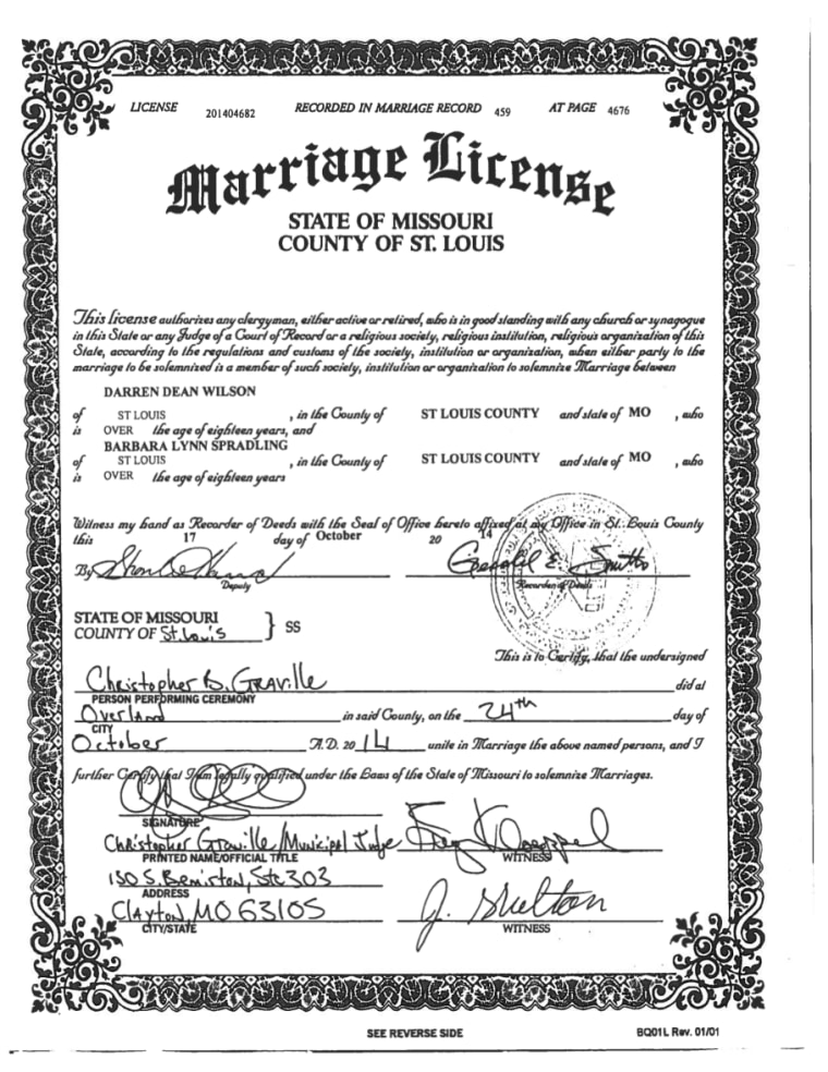 A copy of officer Darren Wilson's marriage license.