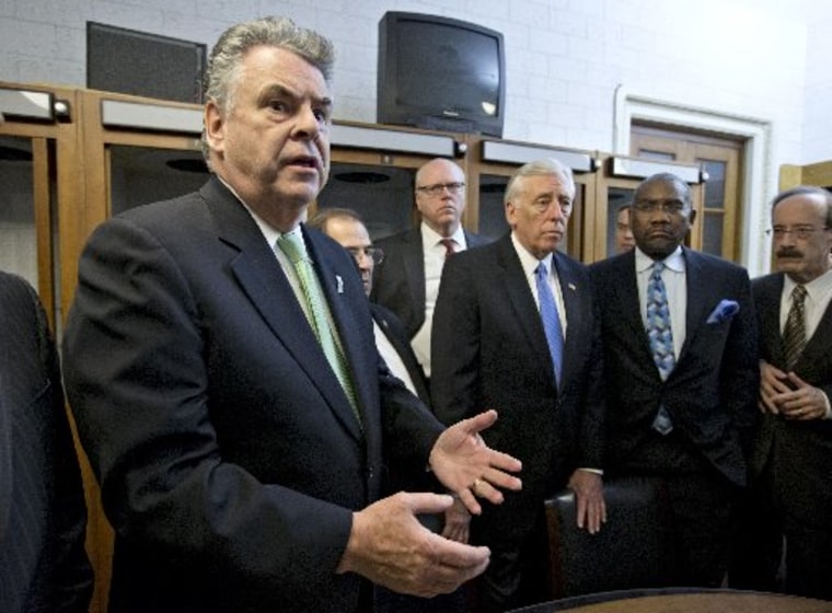 Rep. Peter King, R-N.Y., joined by other New York area-lawmakers affected by Superstorm Sandy, at the Capitol in Washington, early Wednesday, Jan. 2, 2013.