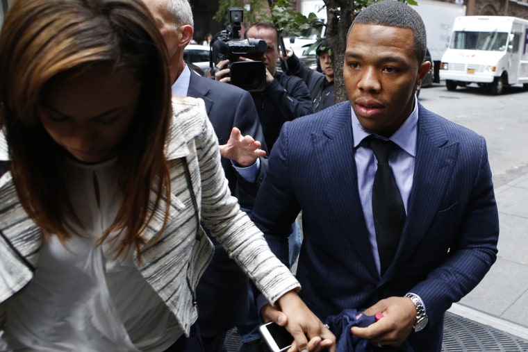Ray Rice arrives with his wife Janay Palmer for an appeal hearing of his indefinite suspension from the NFL, Wednesday on Nov. 5, 2014, in New York.