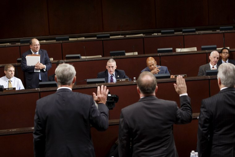 The House Select Committee on Benghazi, chaired by Rep. Trey Gowdy, R-S.C., center, holds its first public hearing to investigate the 2012 attacks on the U.S. consulate in Benghazi, Libya on Sept. 17, 2014.