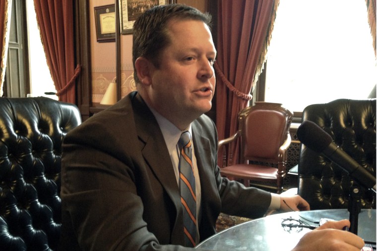 Michigan House Speaker Jase Bolger talks with reporters in his Capitol office on Nov. 12, 2014 about the Michigan Religious Freedom Restoration Act. (David Eggert/AP)