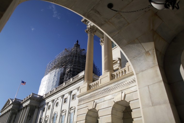 A general view of the U.S. Capitol dome can be seen to the carriage entrance to the U.S. Senate in Washington