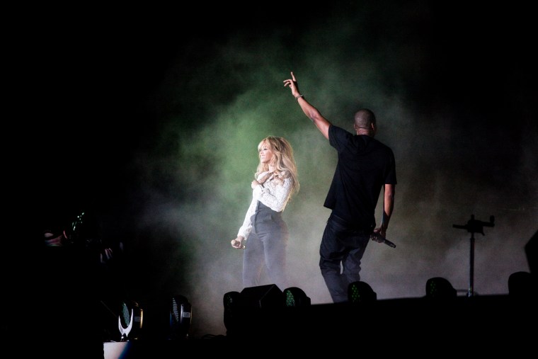 Surprise guest Beyonce and joins Jay Z at the Global Citizen Festival in New York on Sept. 27, 2014.
