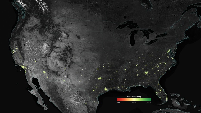 City lights shine brighter during the holidays in the United States when compared with the rest of the year, as shown using a new analysis of daily data from the NASA-NOAA Suomi NPP satellite.