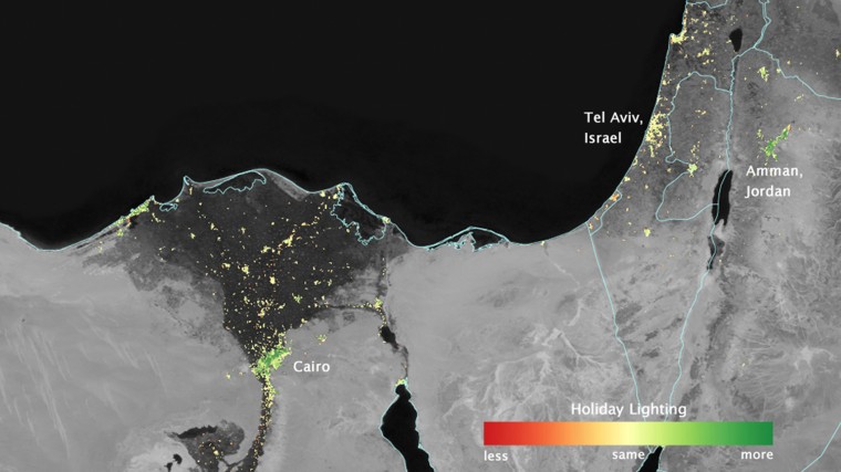 In several cities in the Middle East, city lights brighten during the Muslim holy month of Ramadan, as seen using a new analysis of daily data from the NASA-NOAA Suomi NPP satellite.