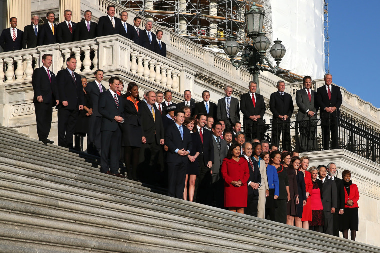 Newly elected freshman members of the upcoming 114th Congress pose for a class photo on the steps of the U.S. Capitol on Nov. 18, 2014 in Washington, DC.
