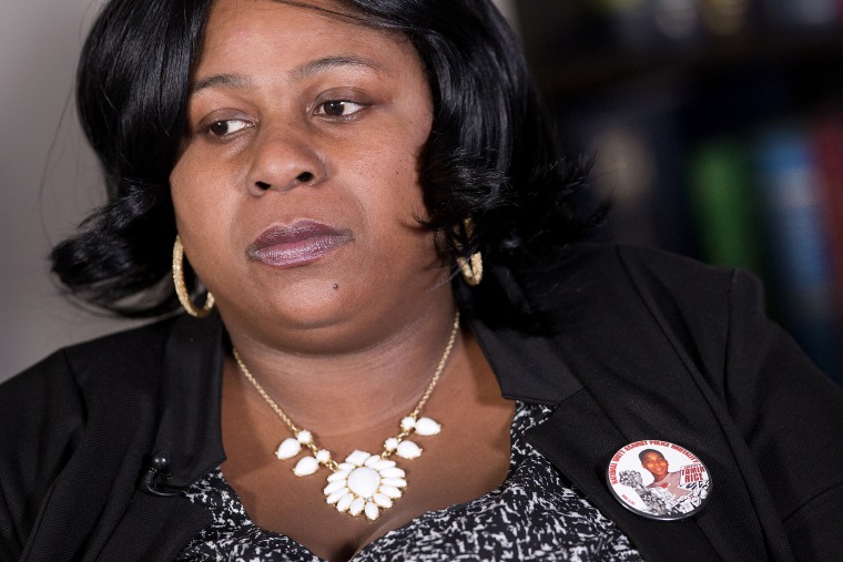 Samaria Rice, of Cleveland, Ohio, wears a button with her son's photograph during an interview at The Associated Press, on Dec. 15, 2014 in New York.