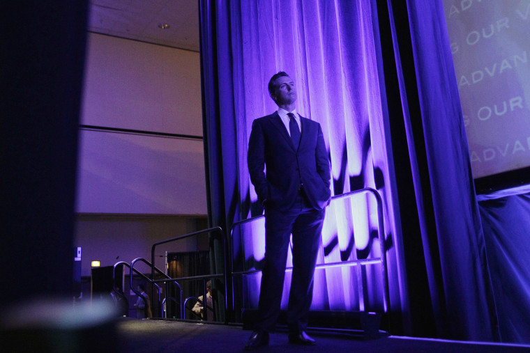 California Lt. Governor Gavin Newsom waits to go onstage to speak at the 2014 California Democrats State Convention at the Los Angeles Convention Center on March 8, 2014.