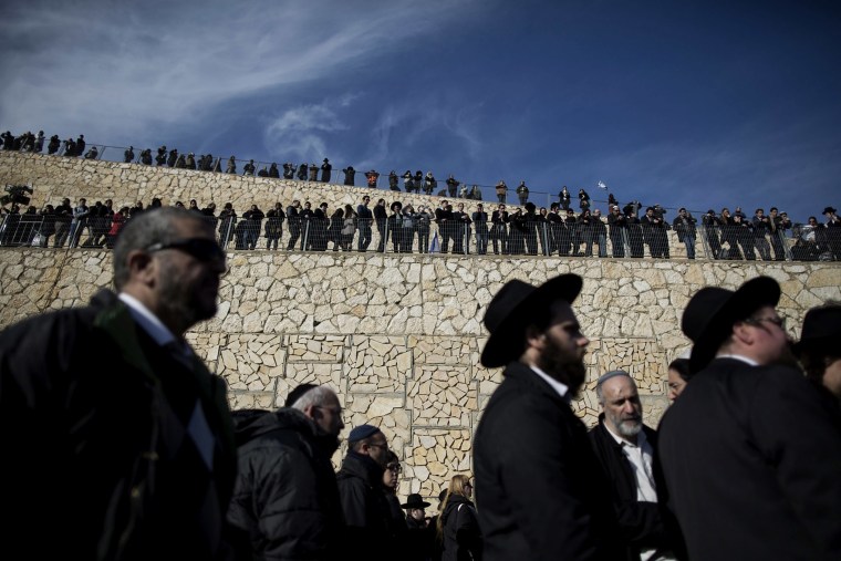 Hundreds of participants mourn during the funeral of the four Jews killed in a Paris kosher supermarket, on Jan. 13, 2015 in Jerusalem.