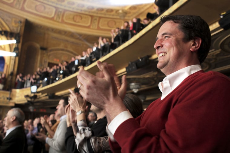 John Dehlin, who runs a Mormon website, applauds after seeing \"The Book of Mormon\" on Broadway in New York, on March 25, 2011. (Photo by Richard Perry/The New York Times/Redux)