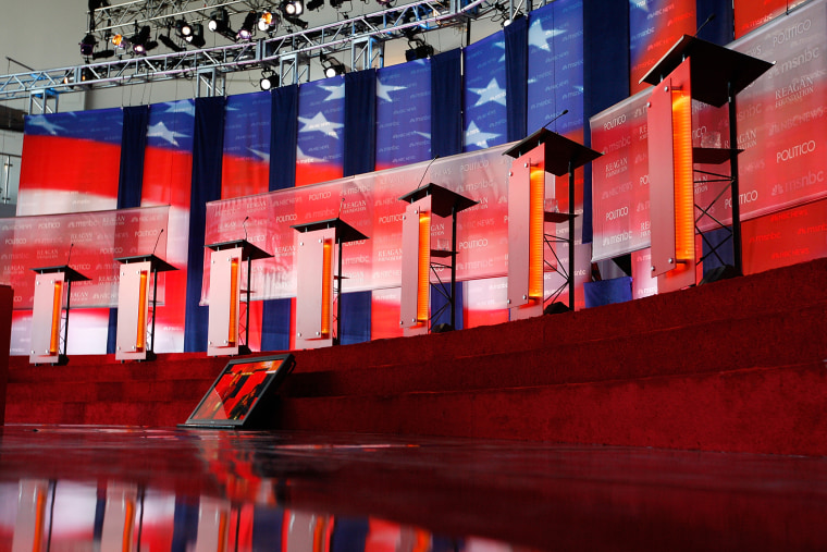 The stage is seen inside Air Force One Pavilion before the start of the Ronald Reagan Centennial GOP Presidential Primary Candidates Debate at the Ronald Reagan Presidential Library on Sept. 7, 2011 in Simi Valley, Calif. (Photo by David McNew/Getty)