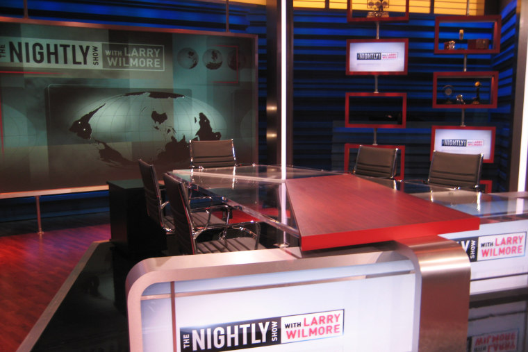 The desk for Larry Wilmore’s new show “The Nightly Show with Larry Wilmore,” is seen on set.